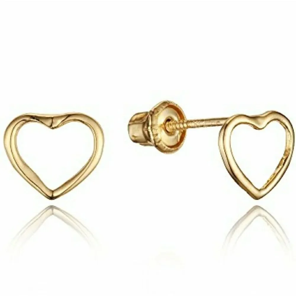 14k Solid Yellow Gold open heart Earrings screw